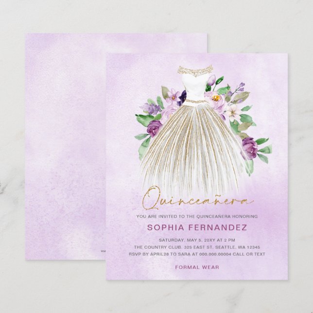 Dourado Sujeito Roxo Quinceañera Convite (Frente/Verso)