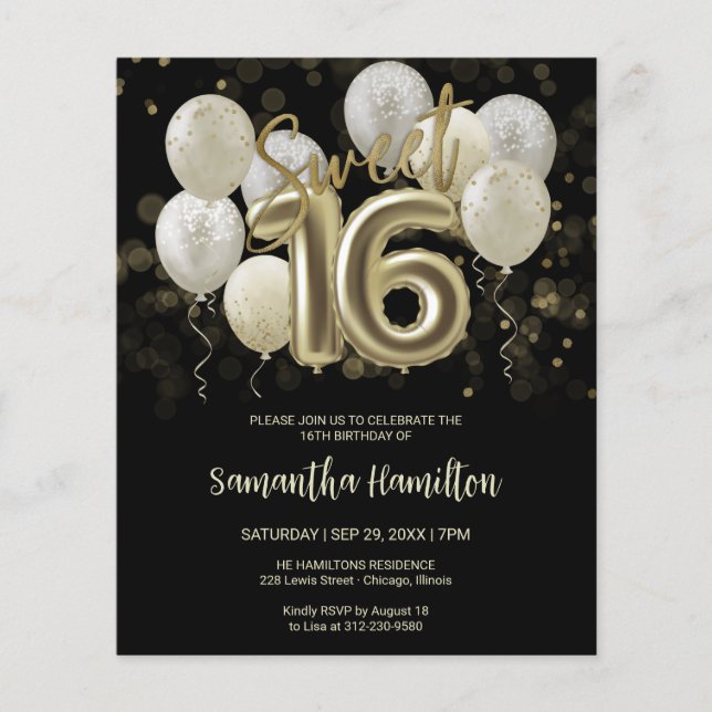 Dourado Sweet 16 Bday Balloons Black Budge Convite (Frente)