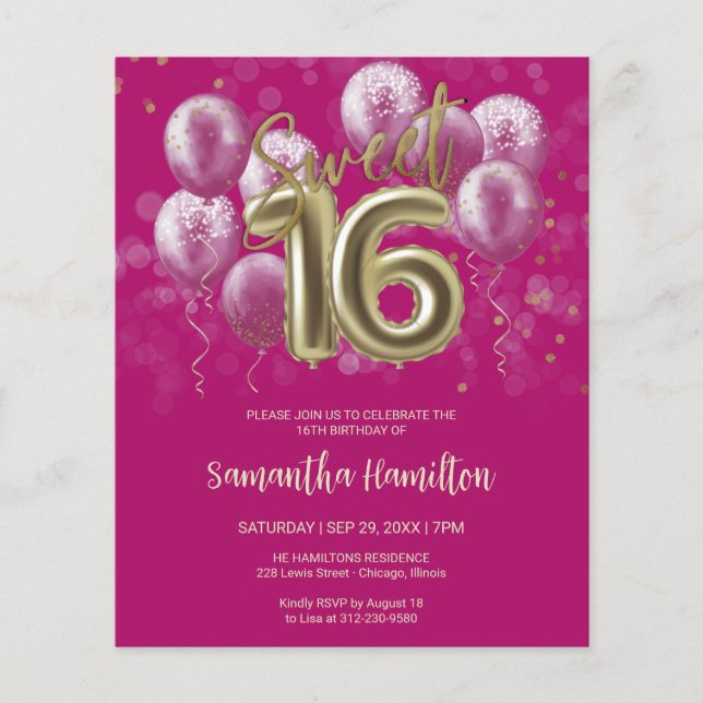 Dourado Sweet 16 Bday Balloons Rosa Budge Convite (Frente)