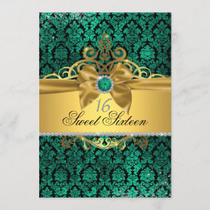 Dourado Teal Damask Doce 16 Convite