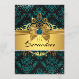 Dourado Teal Damask Quinceanera Convite