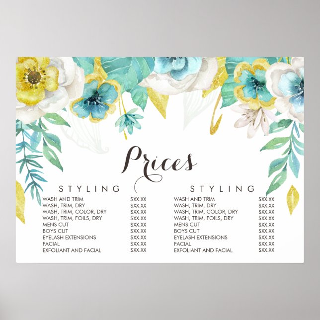 Dourado Teal Floral Beauticitic Price Poster (Frente)