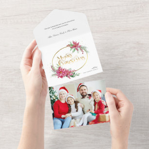 Dourado texto de Natal feliz com Poinsettias e Pin