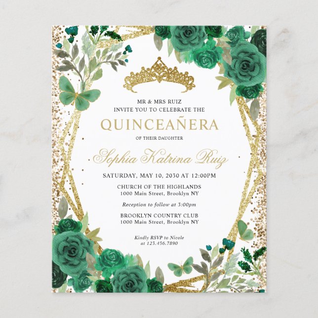 Dourado Verde Floral de Orçamento Tiara Quinceañer (Frente)