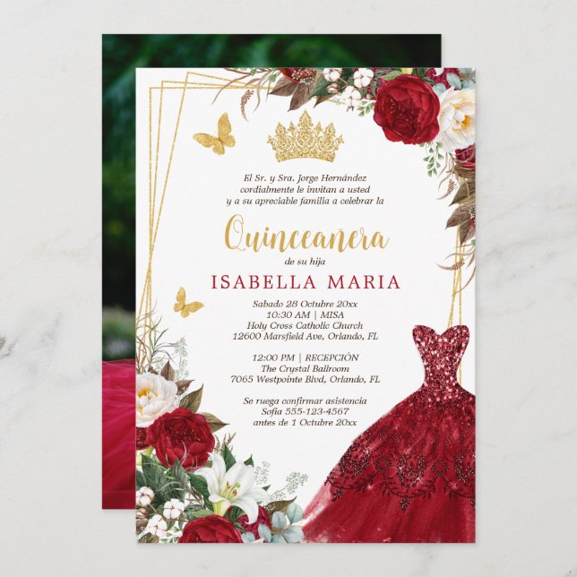 Dourado Vermelho Tiara Quinceañera Convite em Espa (Frente/Verso)
