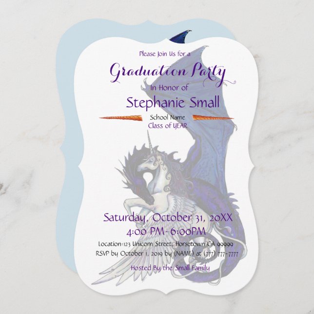 Dragão azul roxo do convite da graduação do (Frente/Verso)