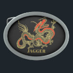 Dragão Chinês da Fantasia Dourada Vermelha<br><div class="desc">Um dragão chinês preto feroz esboçado em ouro decora este item. Acentos vermelhos destacam a mandíbula,  a cabeça e a coluna do dragão. Seu nome está escrito em negrito ouro abaixo.</div>