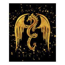 Dragão Dourado no Poster de estrelas no fundo pret
