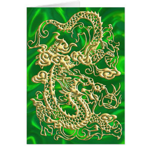 Dragão Dourado Verde Cetim Luxuoso Cartão Dourado
