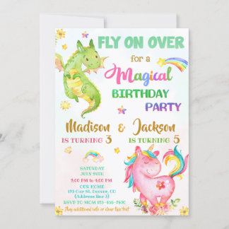 Dragão e unicórnio convite de aniversário