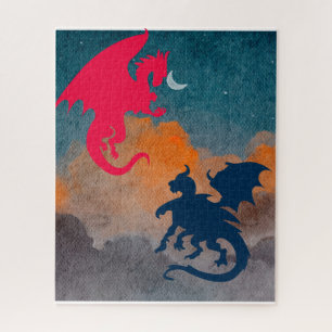 Dragão preto quebra-cabeça vermelho voando na noit