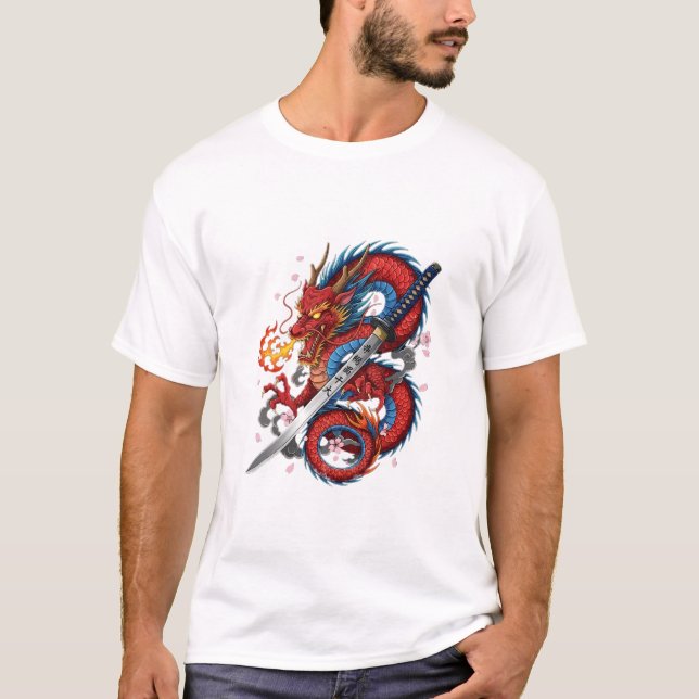 Dragão Samurai Ardente – Camiseta japonesa Katana (Frente)