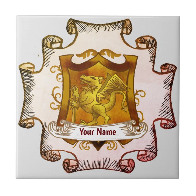 Dragon Shield Family Crest Surname azulejo (Frente)