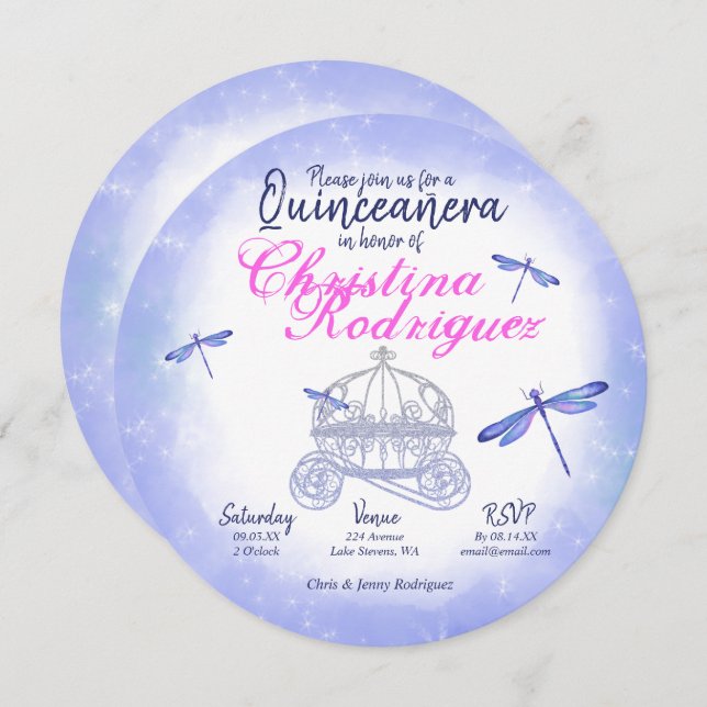 Dragonflies Azuis, Quinceñera Rosa, Convite (Frente/Verso)