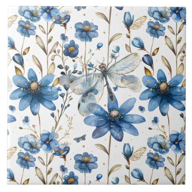 Dragonfly Azul e Flores Azulejos Cerâmicos Florais (Frente)