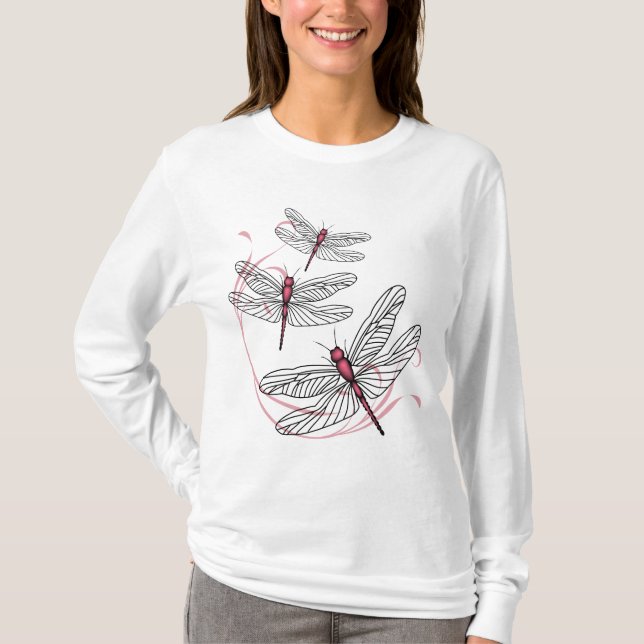 Dragonfly Damas Camiseta Rosa de Longa Folha (Frente)