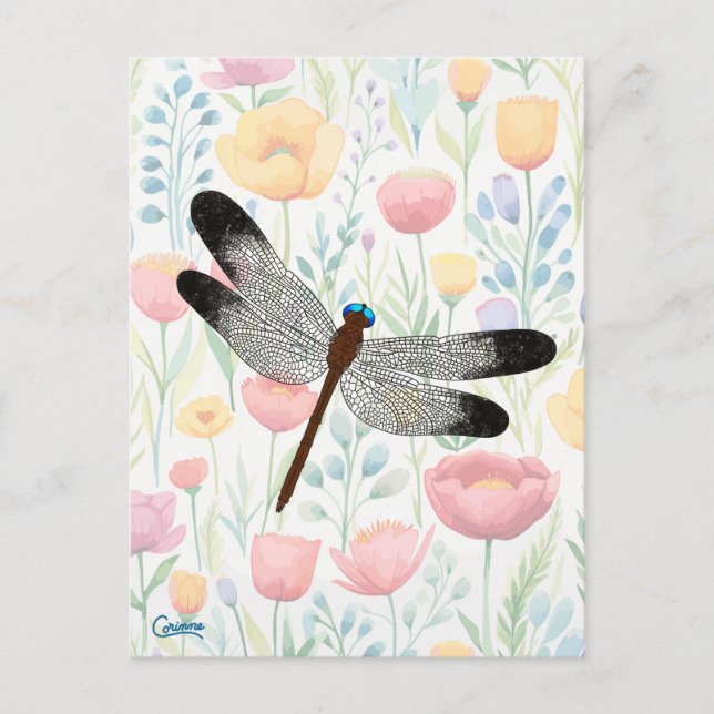 Dragonfly & Flowers - Cartão postal (Frente)