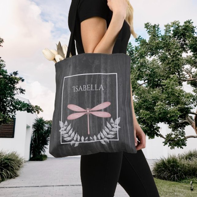 Dragonfly Rustic Personalizada Tote Bag Rosa (Pink Dragonfly Rustic Personalized Tote Bag)