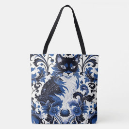 Dramatic Blue Art Deco Cat Large Shoulder Tote
