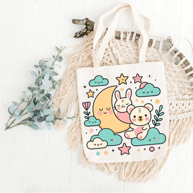 Dreamy Moon Bunny and Bear Tote Bag (Criador carregado)
