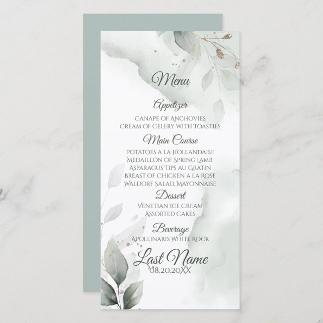 Dreamy Wedding Menu Watercolor Greenery (Frente/Verso)