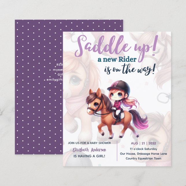 Dressage Rider Baby Girl Chá Rider a caminho (Frente/Verso)