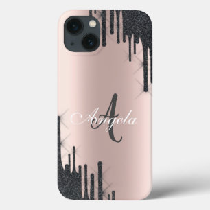 Drips de Brilho Preto Moderno Rosa Dourado, Monogr