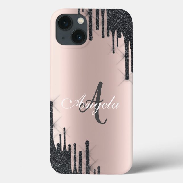 Drips de Brilho Preto Moderno Rosa Dourado, Monogr (Verso)