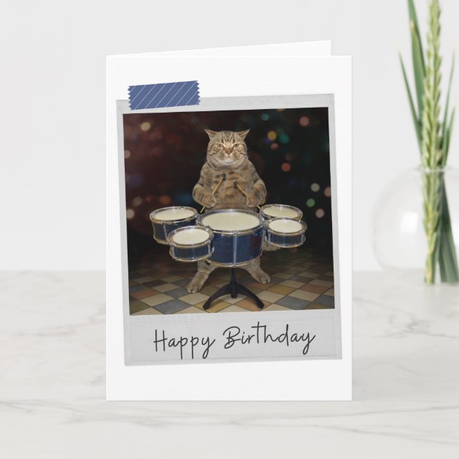 Drummer Cat Engraçado Cartão de Aniversário (Frente)
