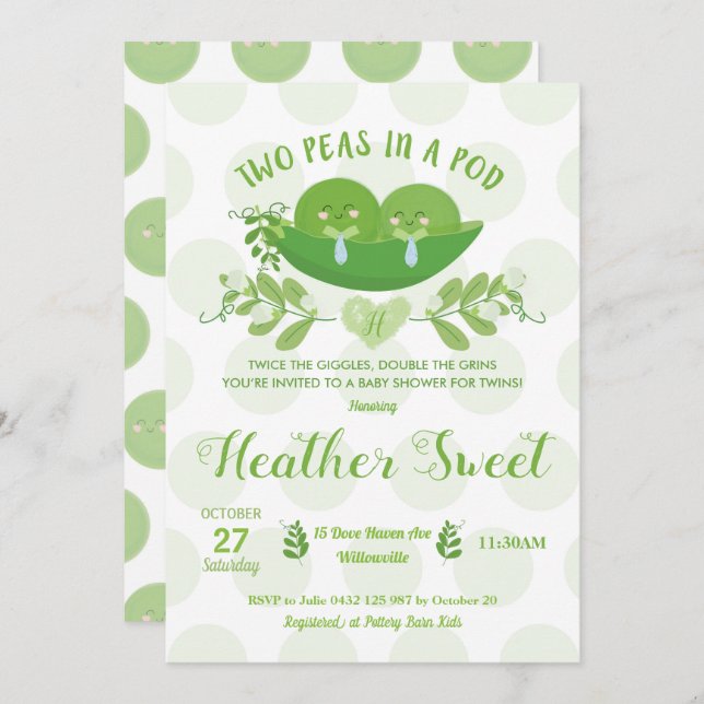 Duas ervilhas em um convite do chá de fraldas do (Frente/Verso)