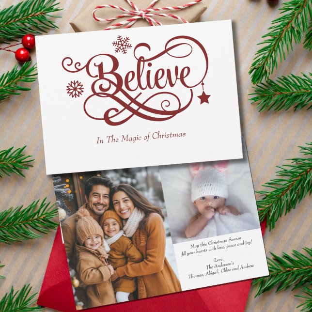 Duas Fotografias Acreditam no Cartão de Natal Red  (Believe Two Photo Christmas Card with personalized message)