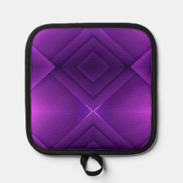 Duas imagens de um porta-panelas roxo com um desen