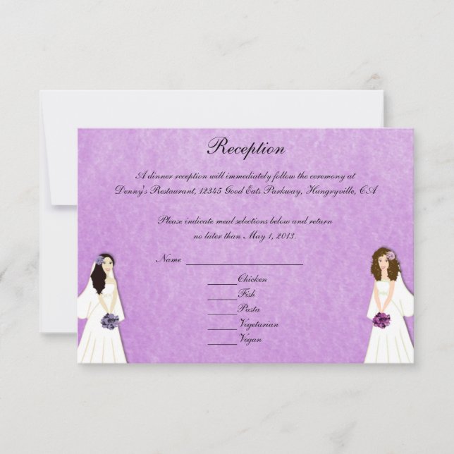 Duas noivas com cartões de recepção personalizados (Frente)