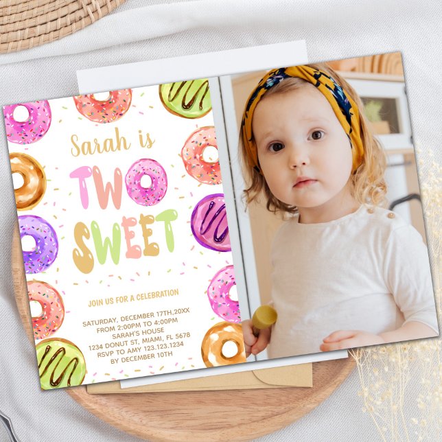 Duas Rosquinhas Doce Convites de Aniversário com f (Two Sweet Donut Birthday Invitations w photo)