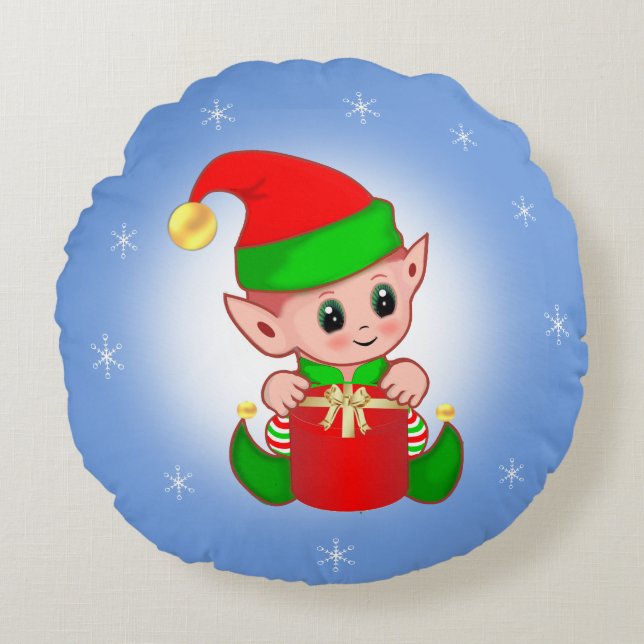 Duende de Natal em Almofada Redonda Azul Claro (Frente)