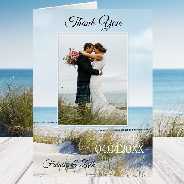 Dunas e Praia Foto de Casamento Obrigado Cartão No (Wedding Thank You note card featuring your own wedding photo framed by dunes overlooking a beach)