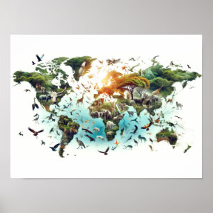 Dupla exposição ao mapa mundial e ao Poster flores