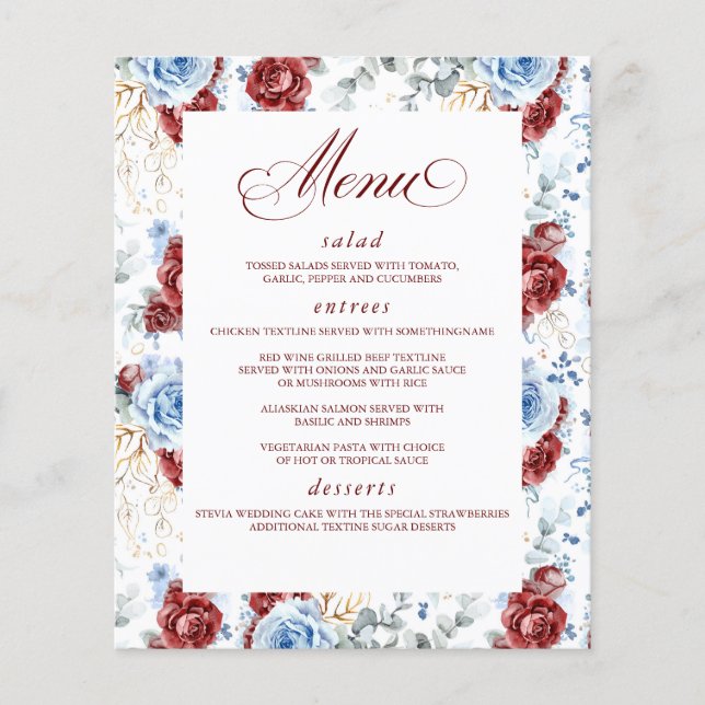 Dusty Blue and Red Floral Elegant Wedding Menu (Frente)