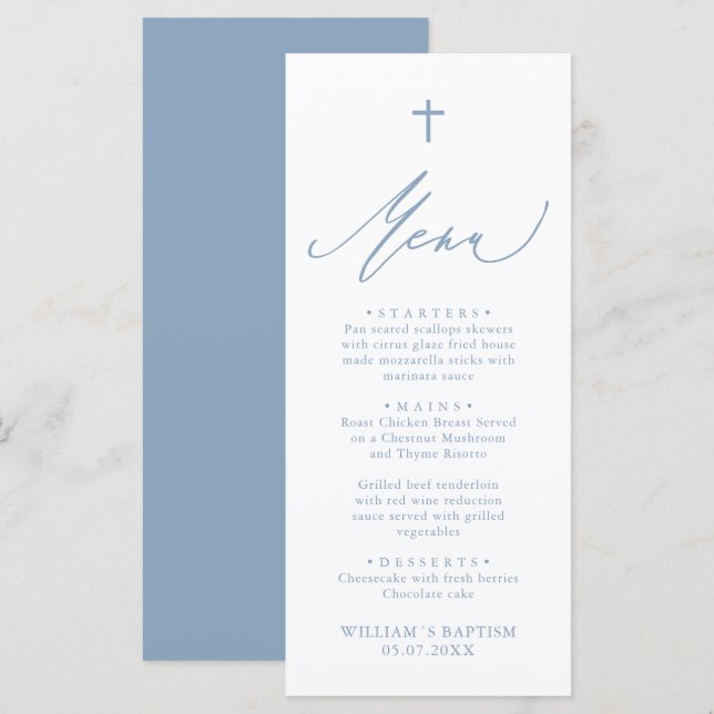 Dusty Blue and White Cross Boy Baptism Menu Card (Frente/Verso)