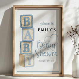Dusty Blue Baby Blocks Baby Shower Welcome Poster