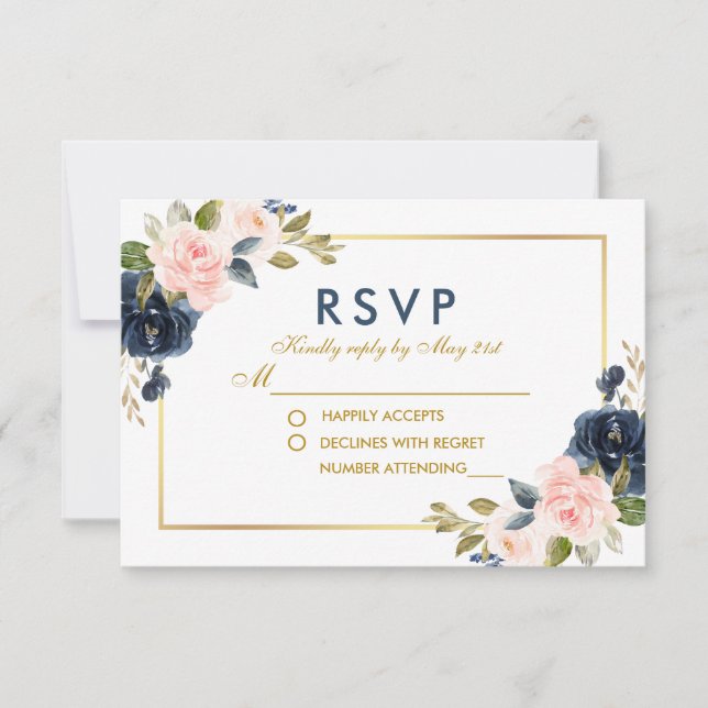 Dusty Blue Blush Floral Casamento Dourado RSVP (Frente)