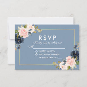 Dusty Blue Blush Floral Dourado Casamento RSVP