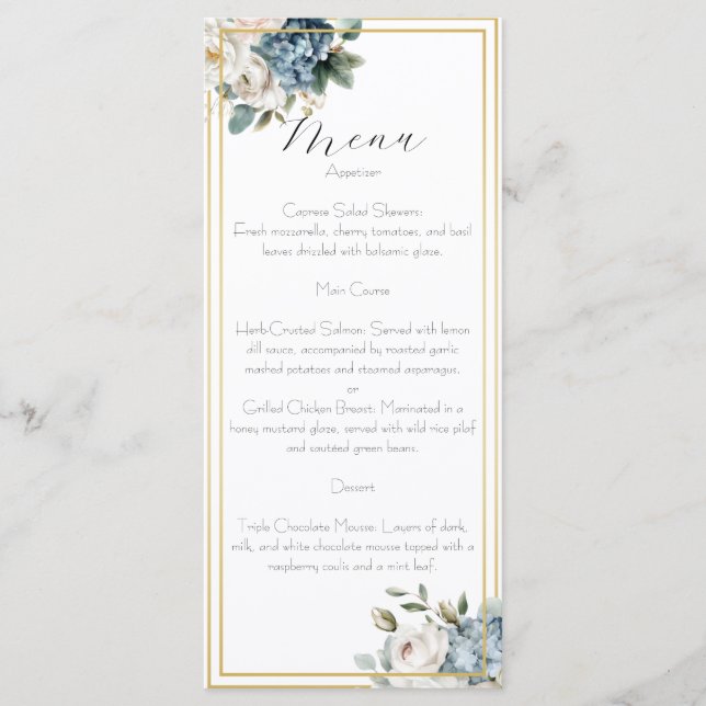 Dusty Blue & Blush Floral Wedding Menu Card  (Frente)