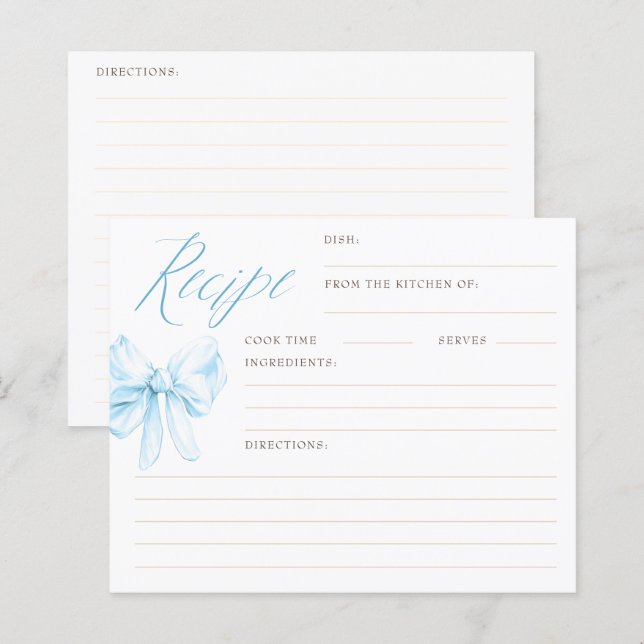 Dusty Blue Bow Elegant Bridal Shower Recipe Cards (Frente/Verso)