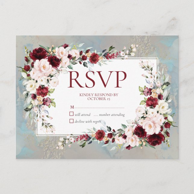 Dusty Blue Burgundy Blush Floral No Menu RSVP (Frente)