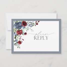 Dusty Blue Burgundy Red Floral Watercolor RSVP