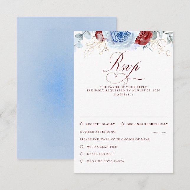 Dusty Blue Burgundy Red Flowers Wedding RSVP (Frente/Verso)