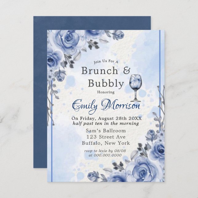 Dusty Blue Cinza Peony Brunch e Bolha Convite (Frente/Verso)