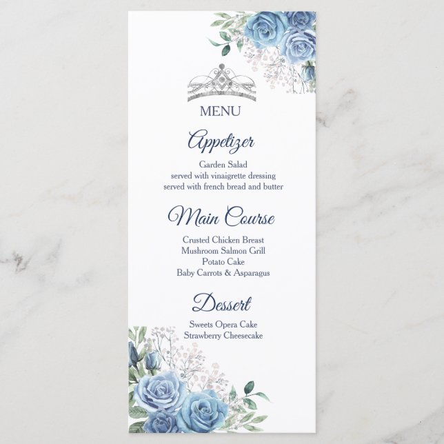 Dusty Blue Dresses Quinceañera Menu Card (Frente)