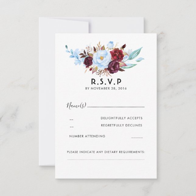 Dusty Blue e Burgundy Floral Weding RSVP (Frente)